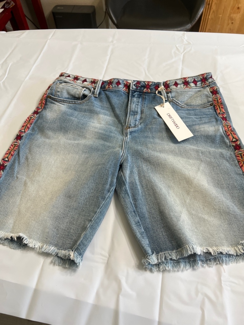 DRIFTWOOD Light Blue Denim Shorts with Red Embroidered Trim